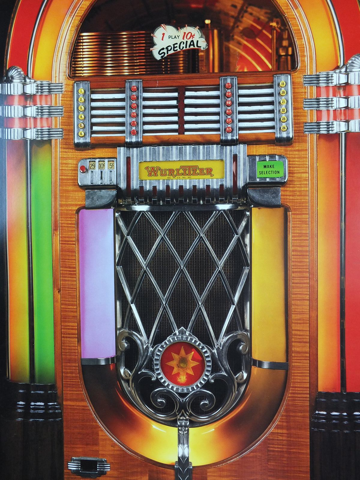 1988 Wurlizter Jukebox Poster, colourful retro advertising for the grandest music players ever, gifts for music lovers, wall art decor