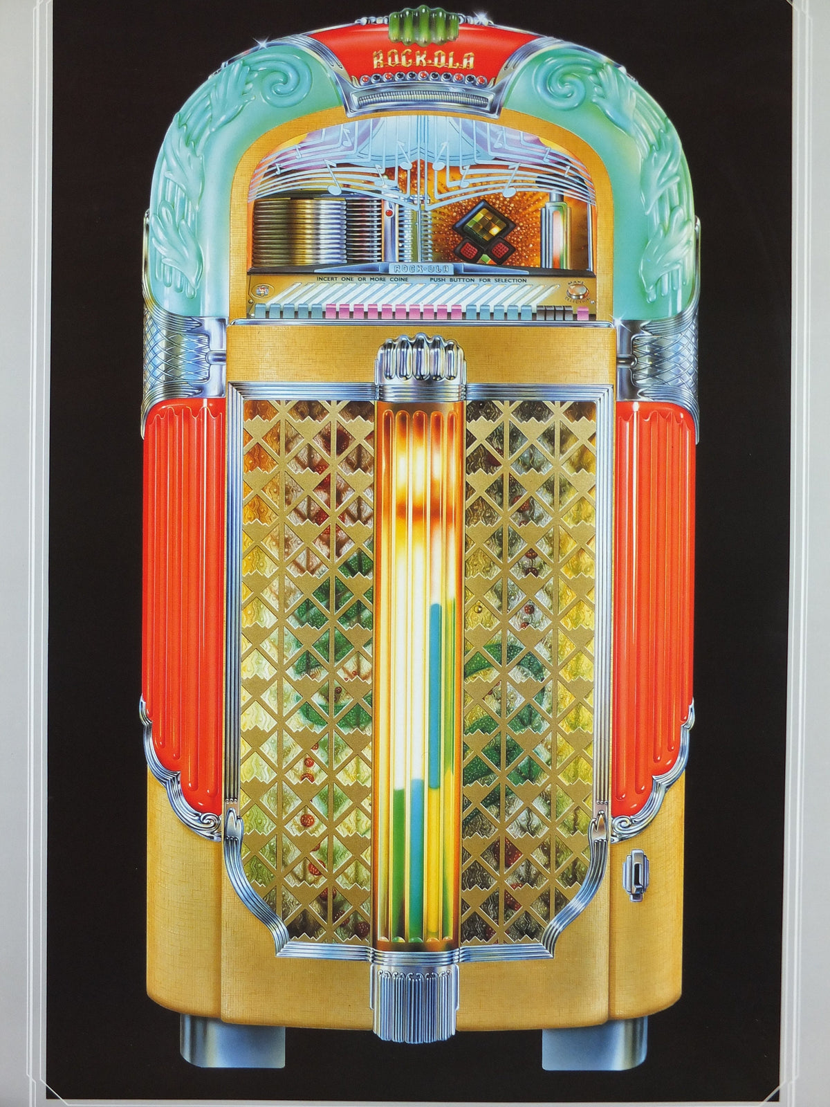 1980s Wurlizter Rocola 1428 Jukebox Poster, colourful retro advertising for grandest music player, gifts for music lovers, wall art decor