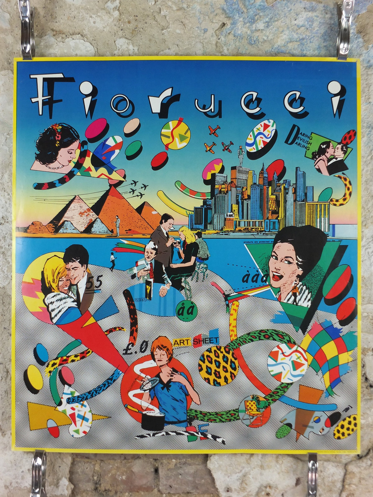 1980 Fiorucci rare Poster, Daring Devilish Darling, Italian fashion label Viappiani, pyramids Eighties city advertising retro wall art decor