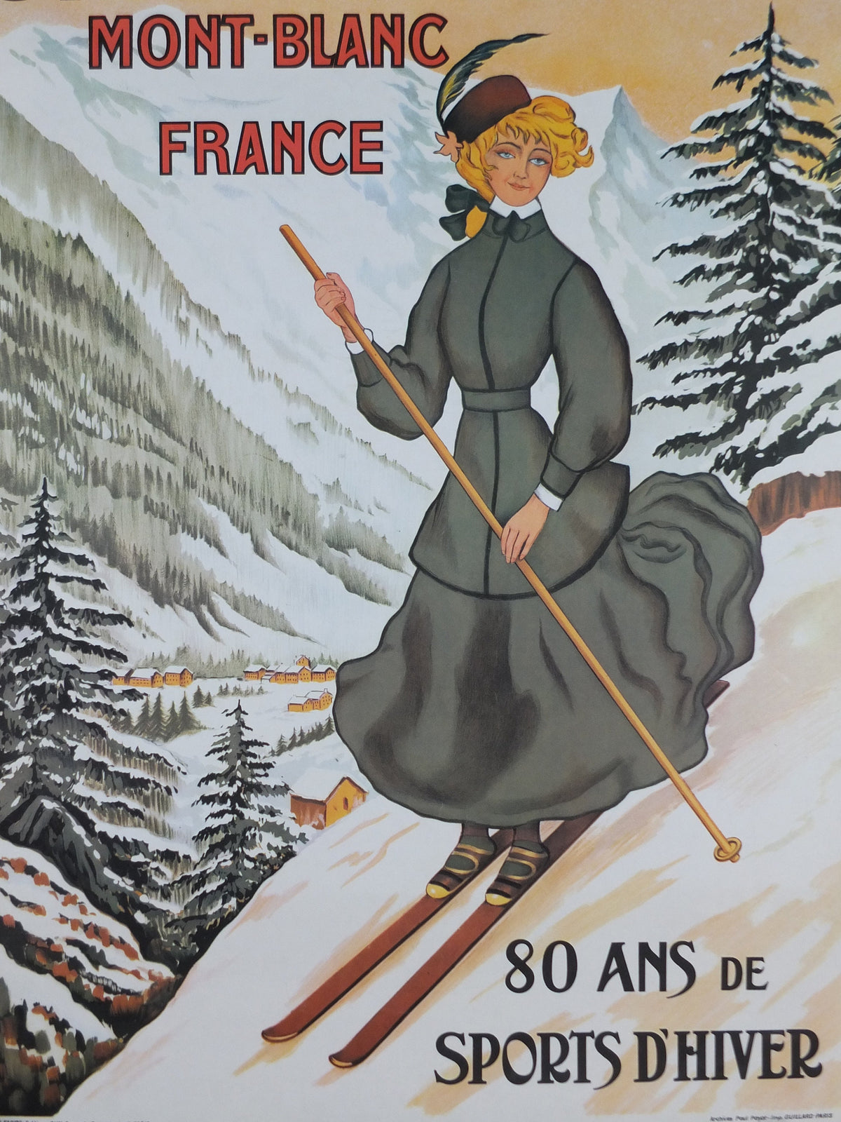 1980s Ski Chamonix Mont Blanc Poster, 80th Anniversary of Winter Sports, sport d'hiver, travel tourism skiing, wall art decor