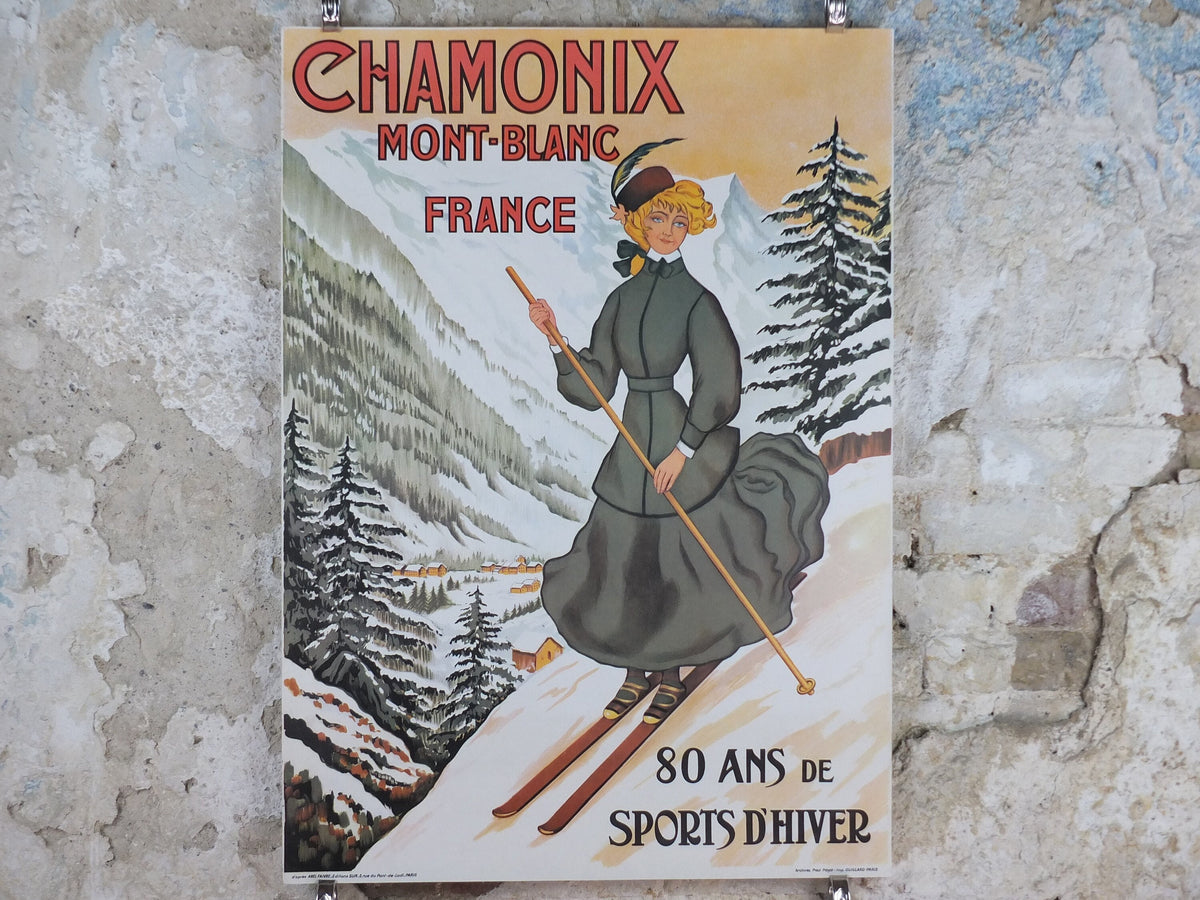 1980s Ski Chamonix Mont Blanc Poster, 80th Anniversary of Winter Sports, sport d'hiver, travel tourism skiing, wall art decor