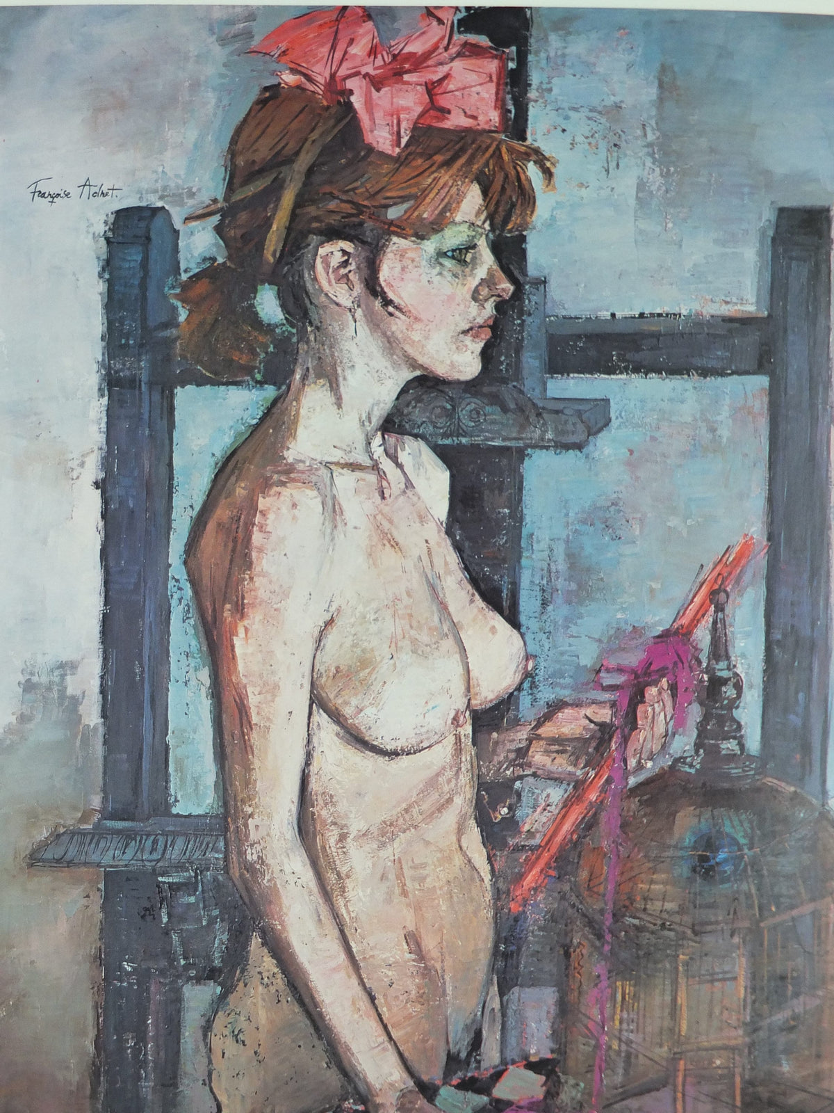 1981 Francoise Adnet Poster, Sad, stark nude with birdcage, modern post war figurative expressionism, gallery exhibition wall art decor