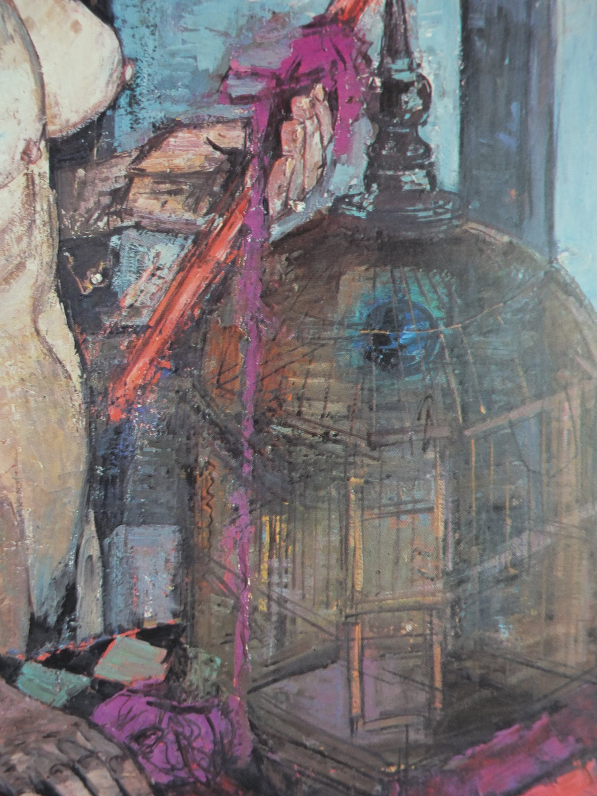 1981 Francoise Adnet Poster, Sad, stark nude with birdcage, modern post war figurative expressionism, gallery exhibition wall art decor