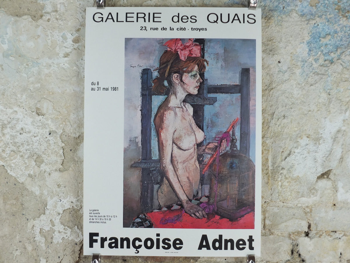 1981 Francoise Adnet Poster, Sad, stark nude with birdcage, modern post war figurative expressionism, gallery exhibition wall art decor