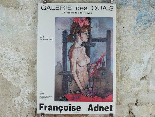 1981 Francoise Adnet Poster, Sad, stark nude with birdcage, modern post war figurative expressionism, gallery exhibition wall art decor