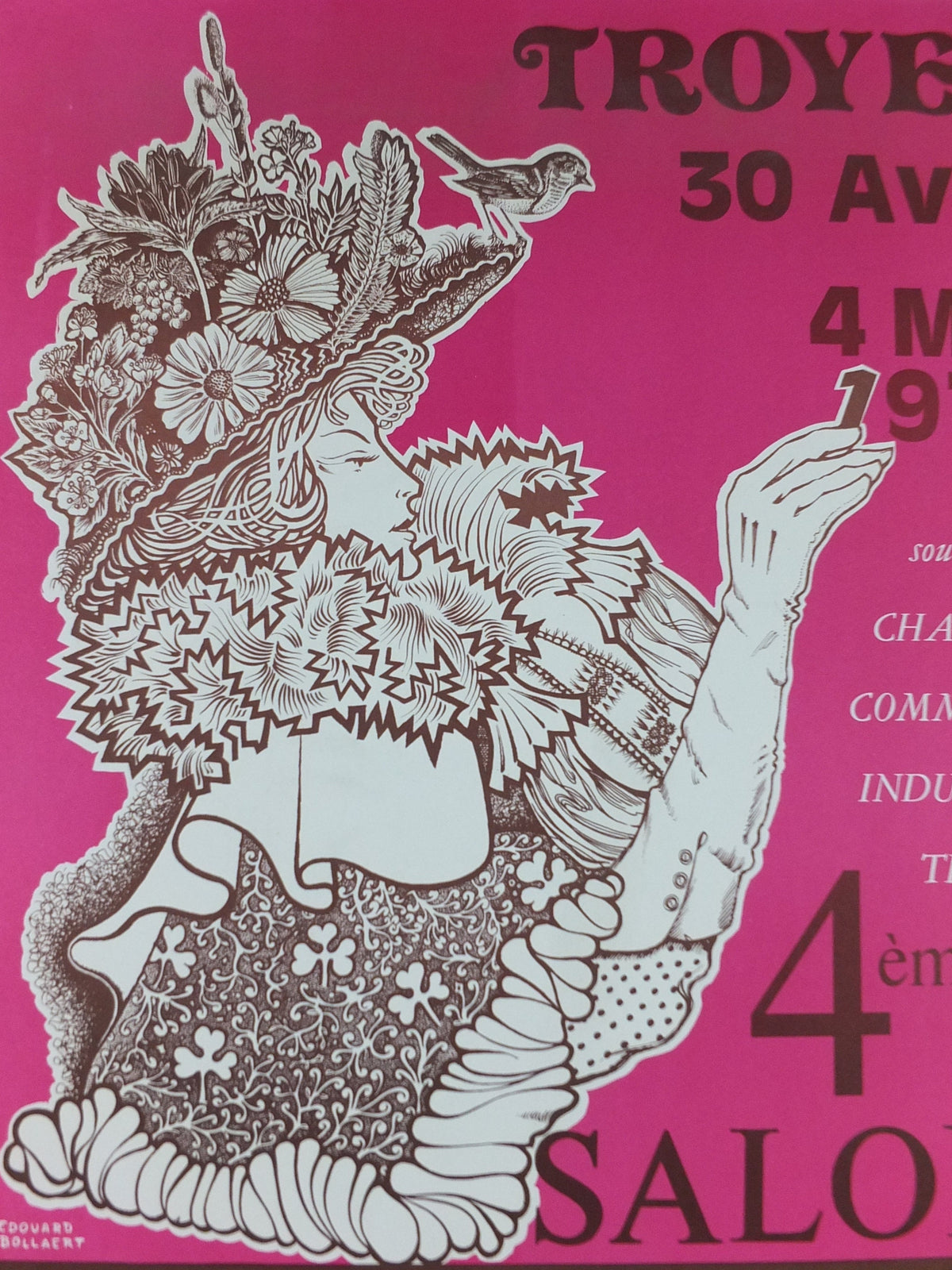 1975 French Antique Market Poster, Brocante and Braderie in Troyes in bold purple and magenta, wall art decor