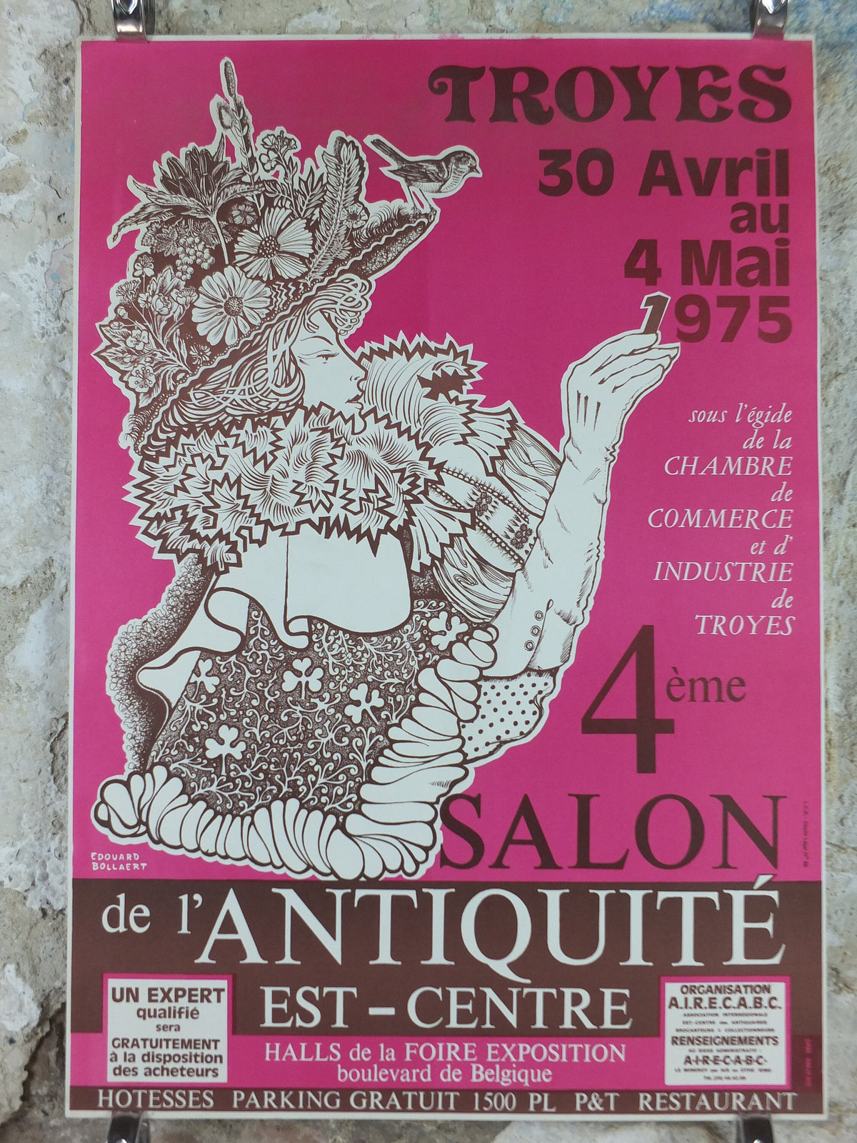 1974 French Antique Market Poster, Brocante and Braderie in Troyes in bold purple and magenta, wall art decor