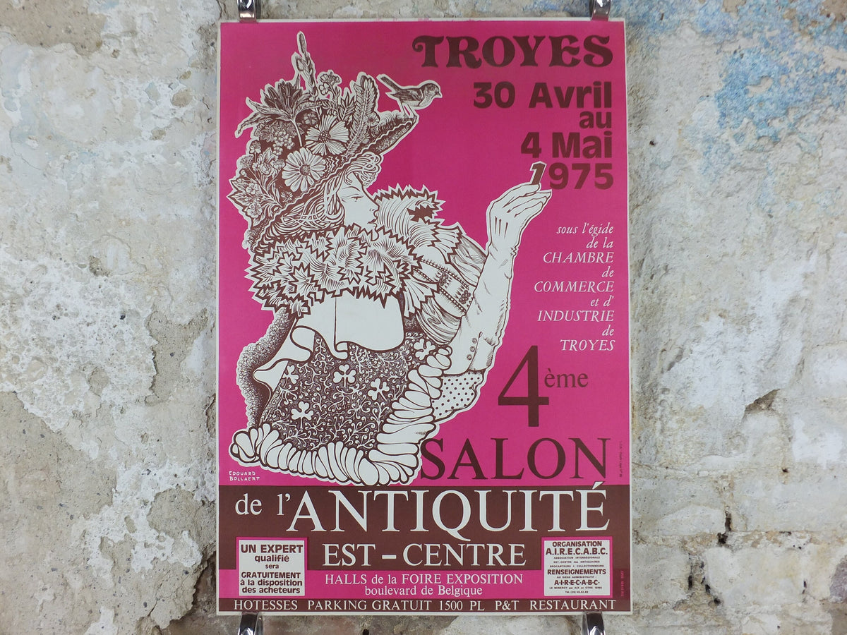1975 French Antique Market Poster, Brocante and Braderie in Troyes in bold purple and magenta, wall art decor