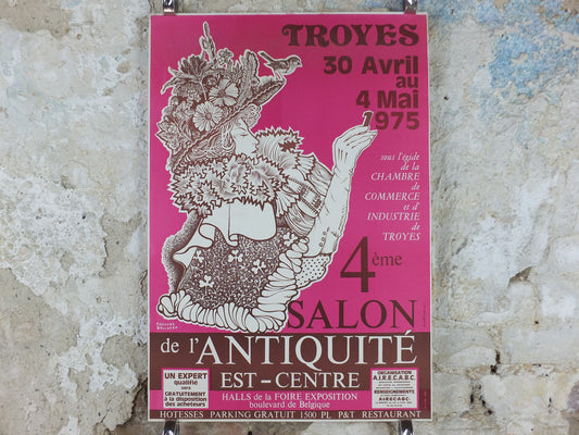 1975 French Antique Market Poster, Brocante and Braderie in Troyes in bold purple and magenta, wall art decor