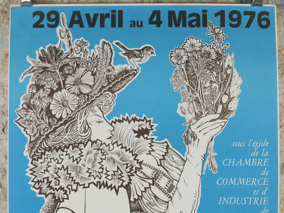 1976 French Antique Market Poster, Brocante and Braderie in Troyes in bold sky blue, wall art decor