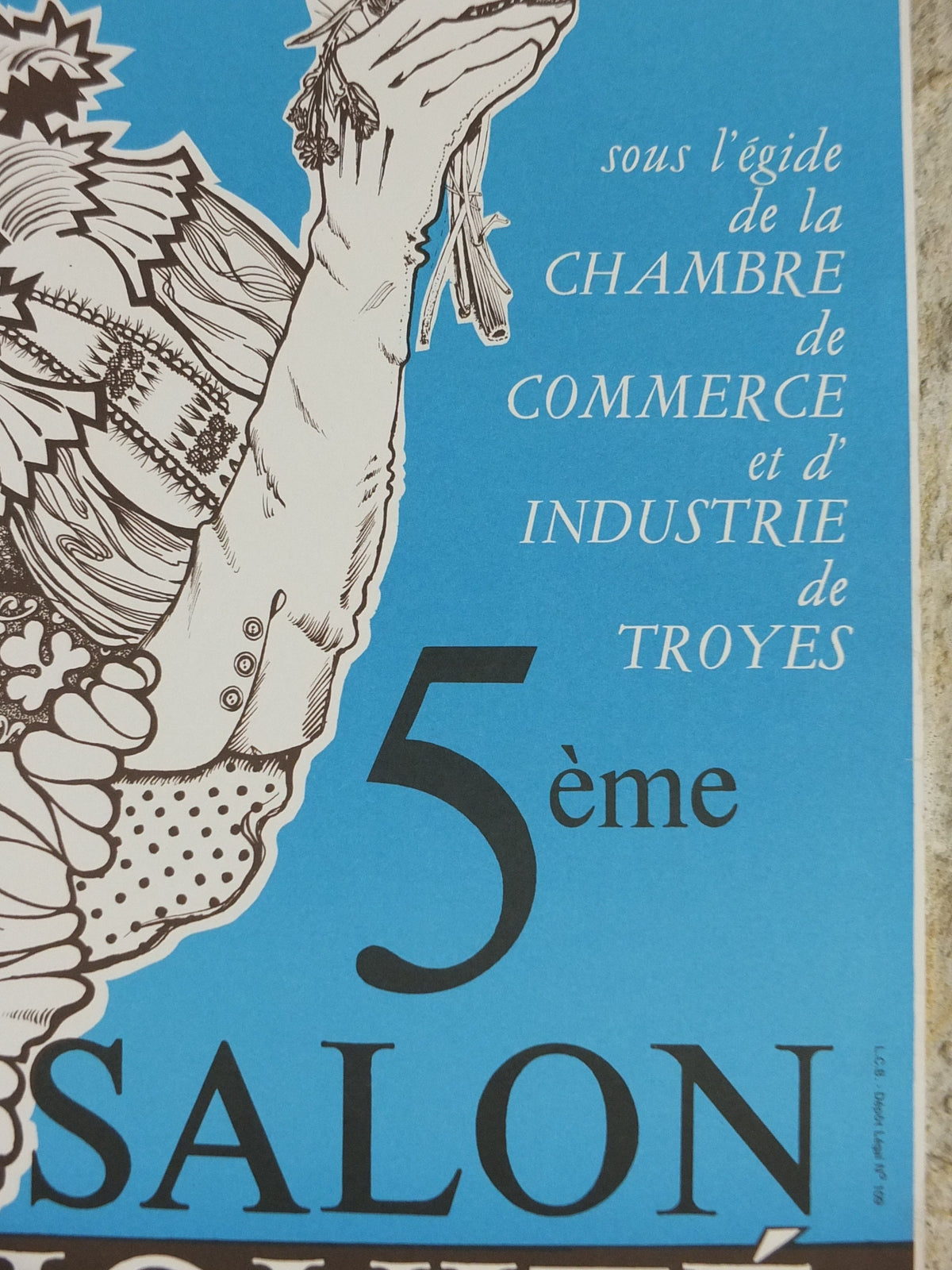 1976 French Antique Market Poster, Brocante and Braderie in Troyes in bold sky blue, wall art decor