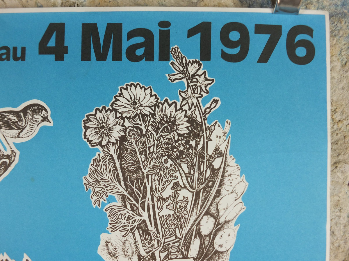 1976 French Antique Market Poster, Brocante and Braderie in Troyes in bold sky blue, wall art decor