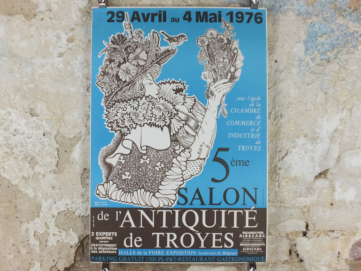 1976 French Antique Market Poster, Brocante and Braderie in Troyes in bold sky blue, wall art decor