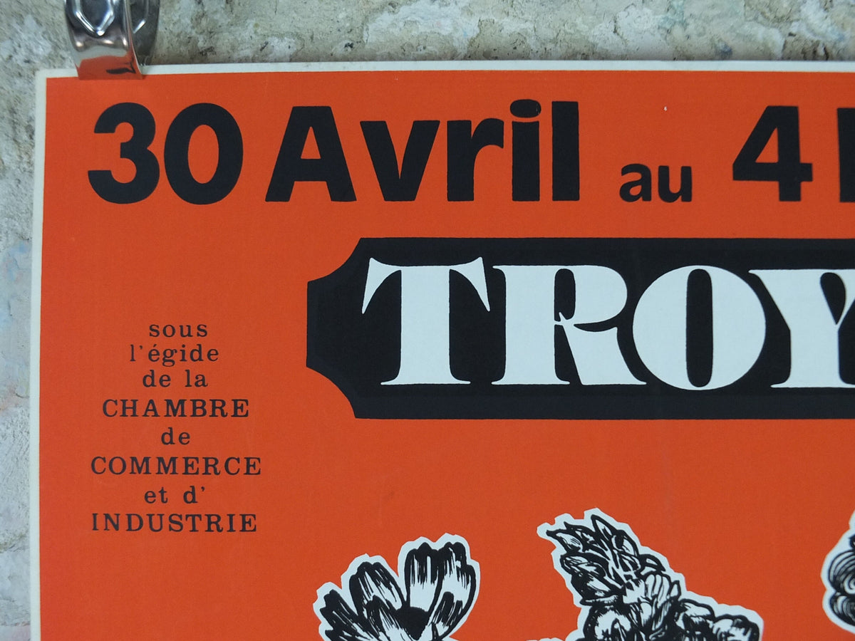 1980 French Antique Market Poster, Brocante and Braderie in Troyes in bold burnt orange, wall art decor