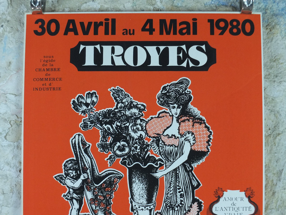 1980 French Antique Market Poster, Brocante and Braderie in Troyes in bold burnt orange, wall art decor