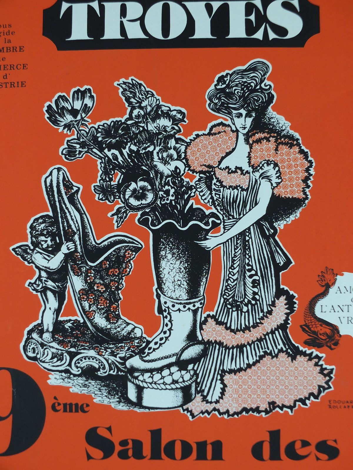 1980 French Antique Market Poster, Brocante and Braderie in Troyes in bold burnt orange, wall art decor