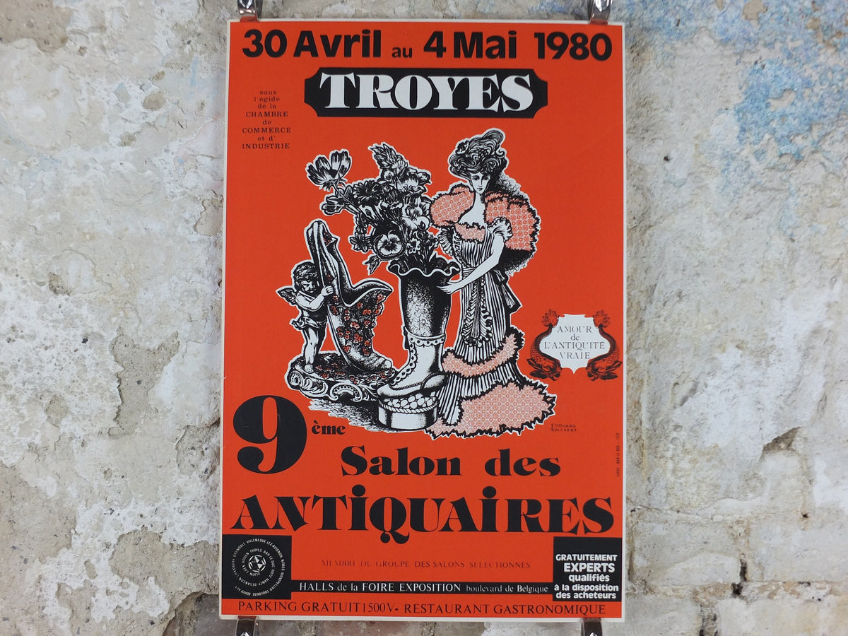 1980 French Antique Market Poster, Brocante and Braderie in Troyes in bold burnt orange, wall art decor