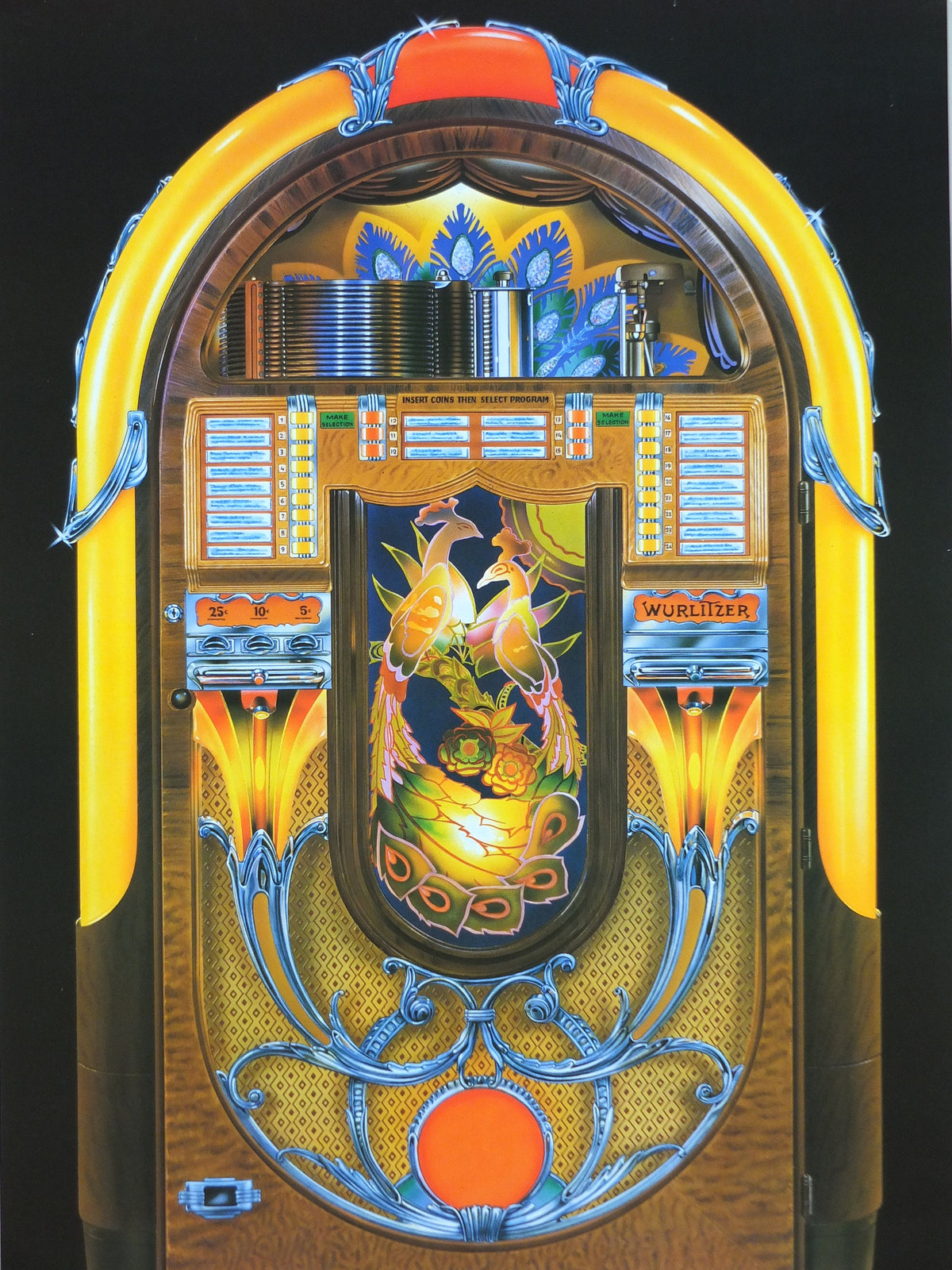 1980s Wurlizter 850 Jukebox Poster, colourful retro advertising for the grandest music players ever, gifts for music lovers, wall art decor