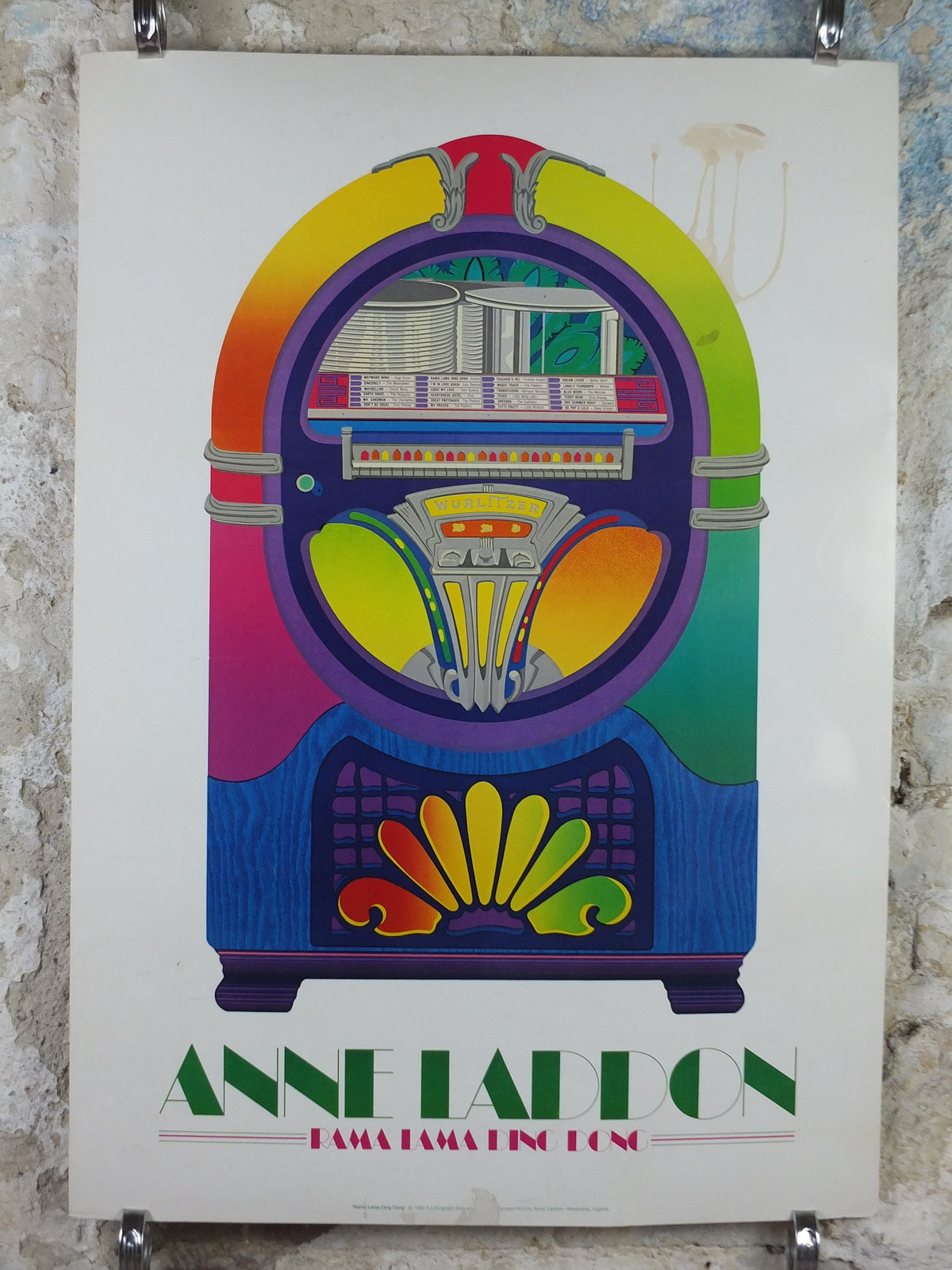 1982 Wurlizter Jukebox Poster, Anne Laddon Rama Lama Ding Dong, colourful retro advertising, STAINED, gifts for music lovers, wall art decor
