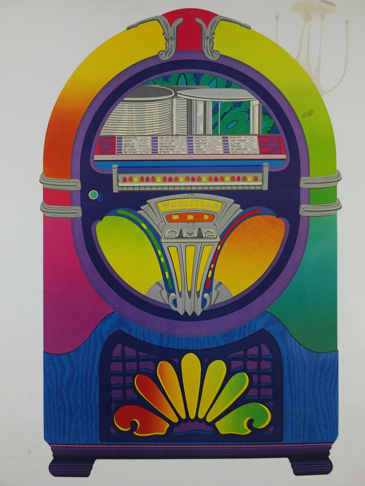 1982 Wurlizter Jukebox Poster, Anne Laddon Rama Lama Ding Dong, colourful retro advertising, STAINED, gifts for music lovers, wall art decor