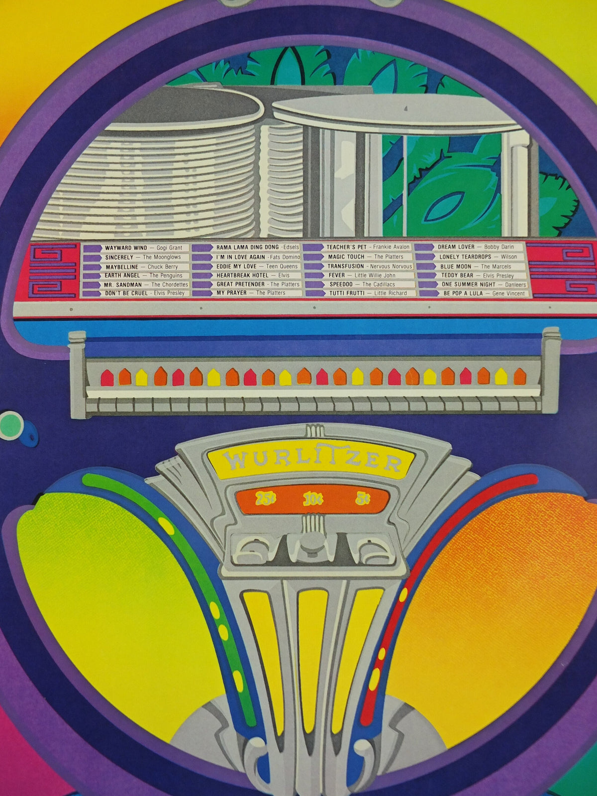 1982 Wurlizter Jukebox Poster, Anne Laddon Rama Lama Ding Dong, colourful retro advertising, STAINED, gifts for music lovers, wall art decor