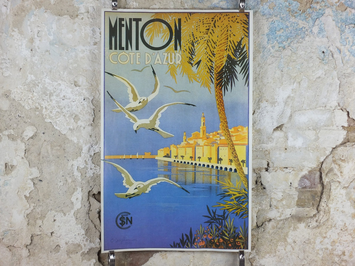 Menton Cote d'Azure Poster, SNCF French Riviera, reproduction from the 1980s, wall art decor