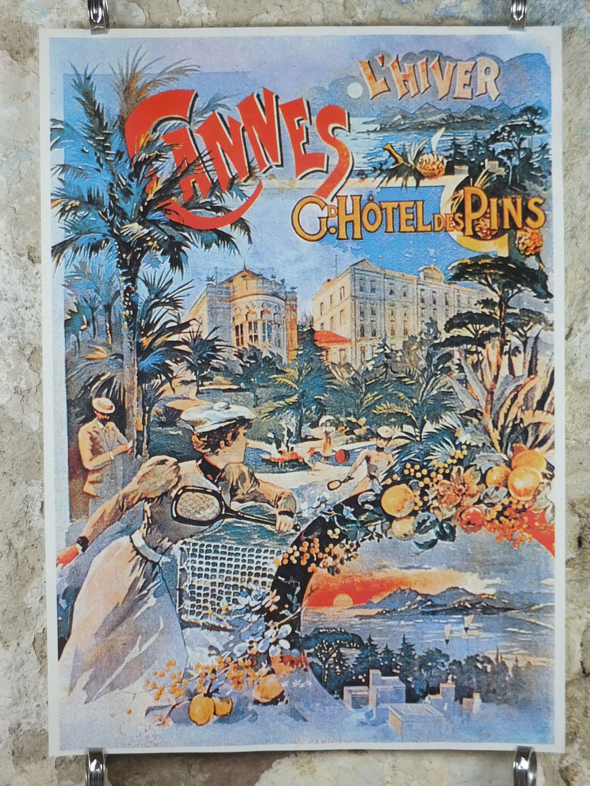 L'Hiver Cannes Cote d'Azure Poster, Hotel des Pins on the French Riviera, reproduction from the 1980s, wall art decor
