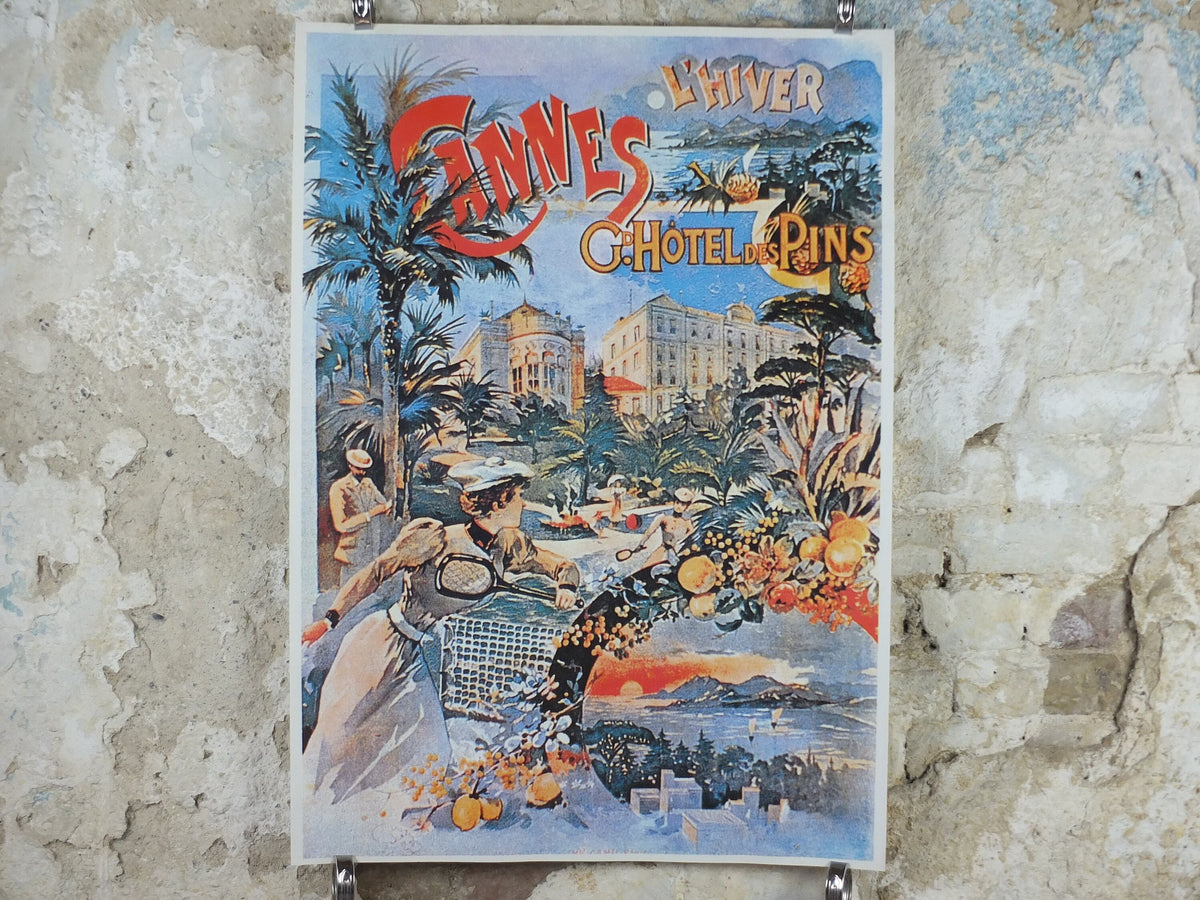 L'Hiver Cannes Cote d'Azure Poster, Hotel des Pins on the French Riviera, reproduction from the 1980s, wall art decor