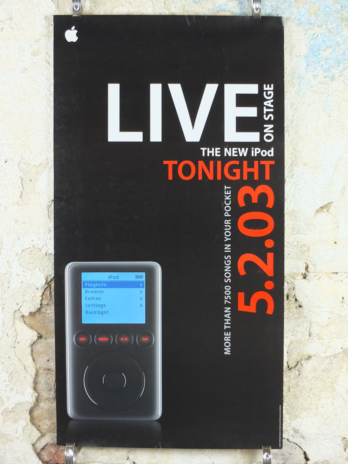 2003 Apple iPod Launch Poster, Think Different, Original from launch event on 5.2.03, 7500 songs in your pocket, retro wall art decor