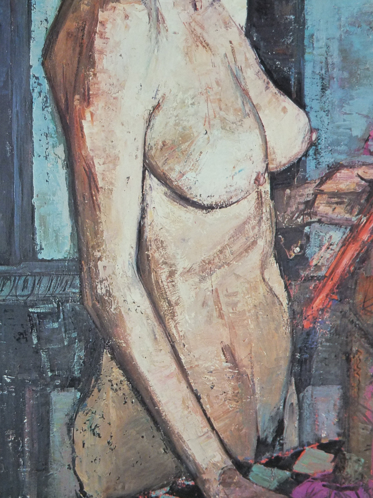 1981 Francoise Adnet Poster, Sad, stark nude with birdcage, modern post war figurative expressionism, gallery exhibition wall art decor
