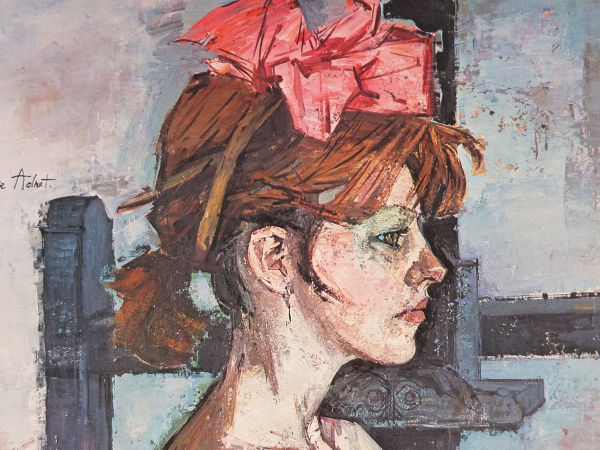 1981 Francoise Adnet Poster, Sad, stark nude with birdcage, modern post war figurative expressionism, gallery exhibition wall art decor