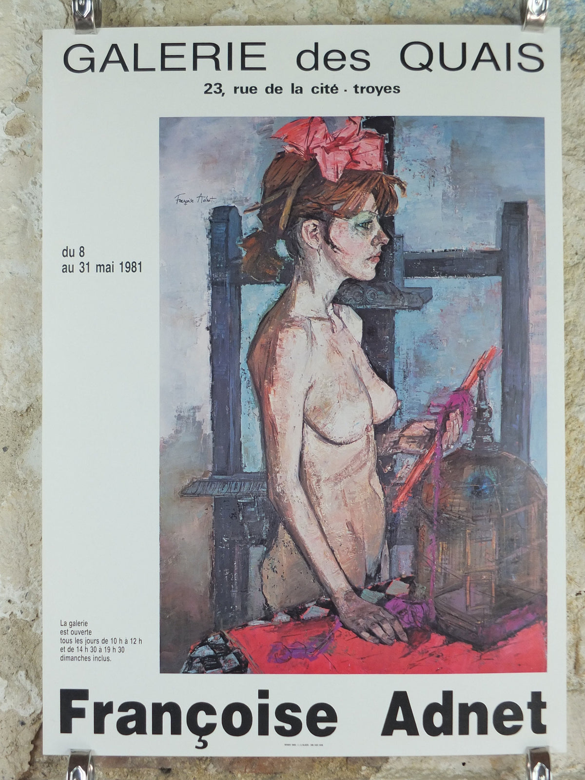 1981 Francoise Adnet Poster, Sad, stark nude with birdcage, modern post war figurative expressionism, gallery exhibition wall art decor