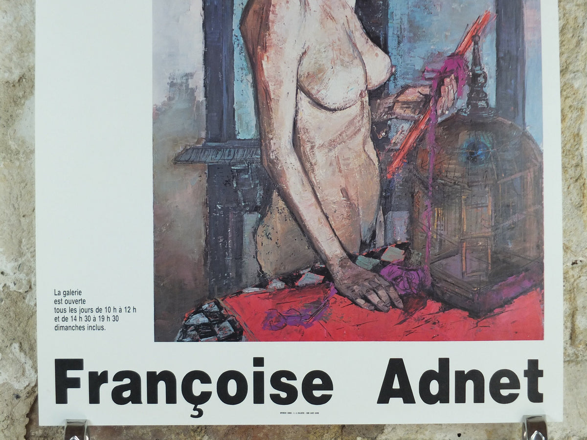 1981 Francoise Adnet Poster, Sad, stark nude with birdcage, modern post war figurative expressionism, gallery exhibition wall art decor
