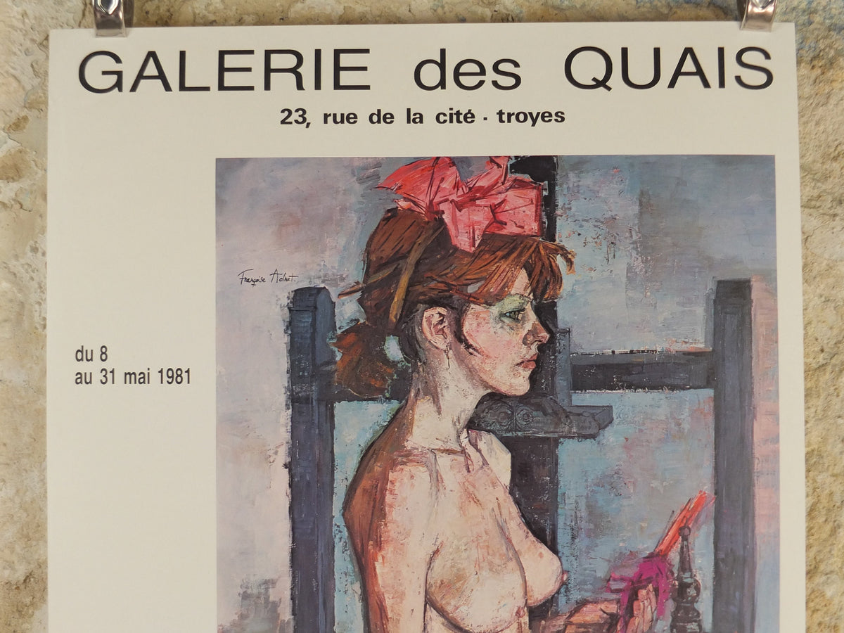 1981 Francoise Adnet Poster, Sad, stark nude with birdcage, modern post war figurative expressionism, gallery exhibition wall art decor