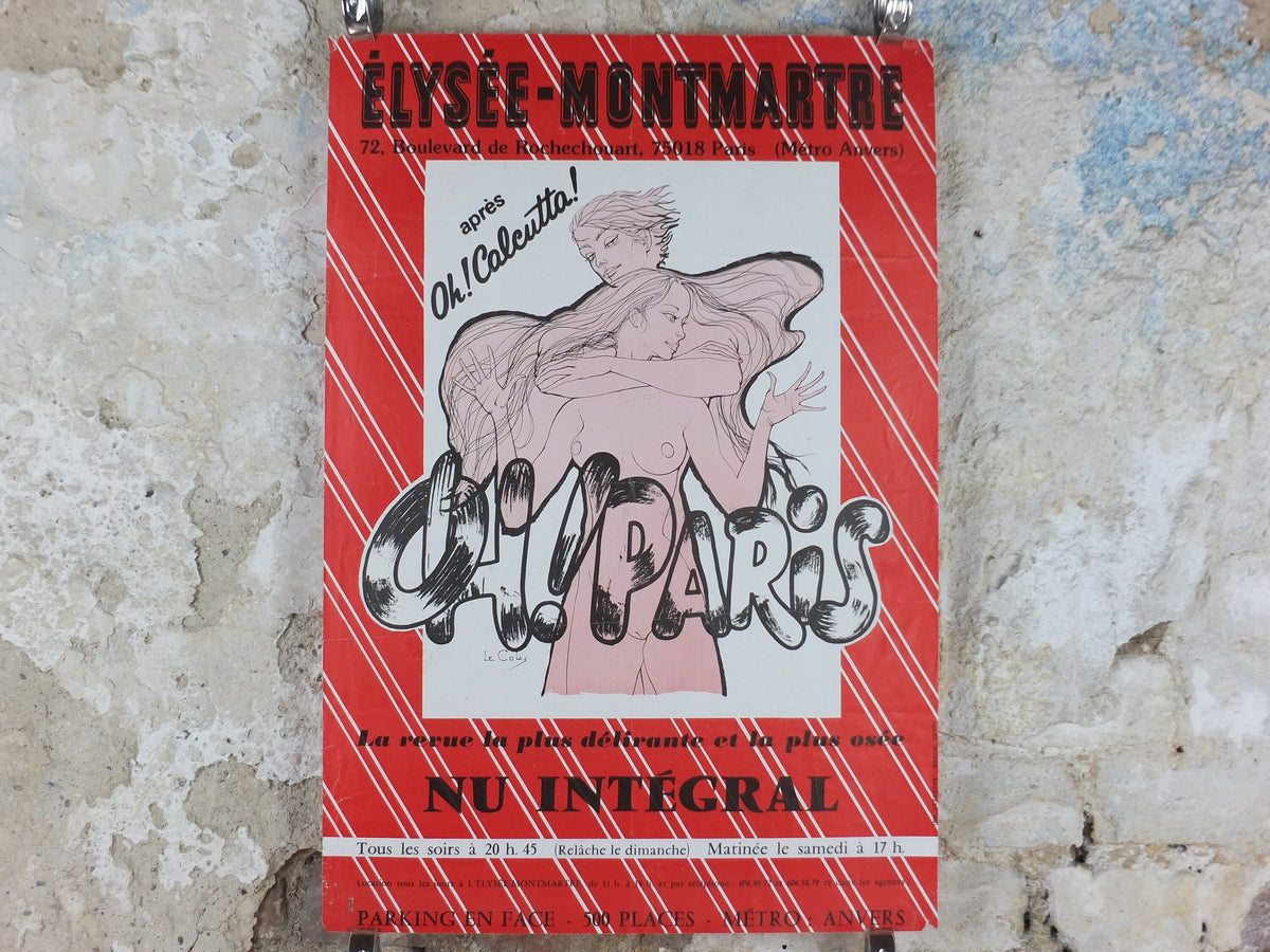 1970s Oh Paris Poster, from Elysee Theatre Montmartre, from the avant garde play Oh! Calcutta! wall art decor