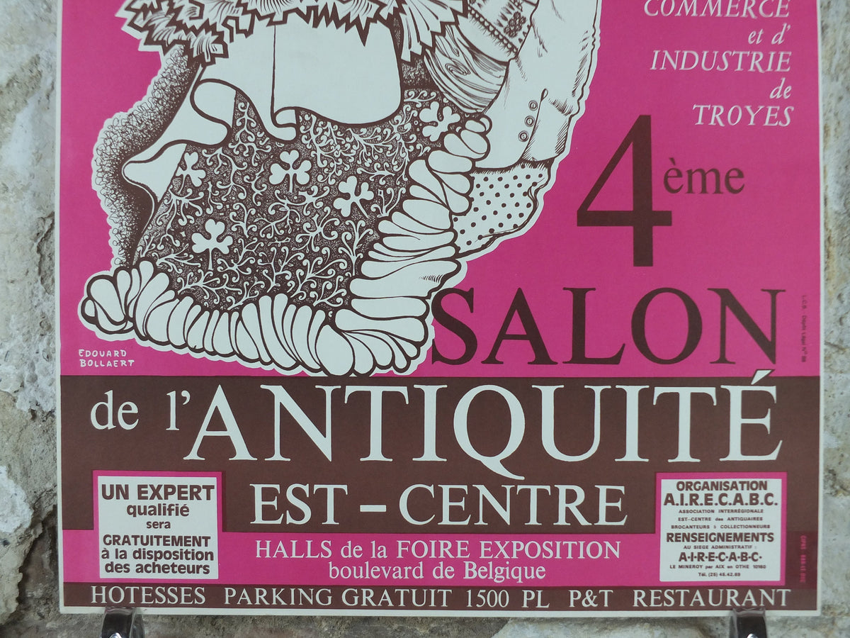 1975 French Antique Market Poster, Brocante and Braderie in Troyes in bold purple and magenta, wall art decor