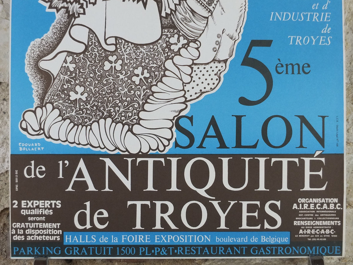 1976 French Antique Market Poster, Brocante and Braderie in Troyes in bold sky blue, wall art decor