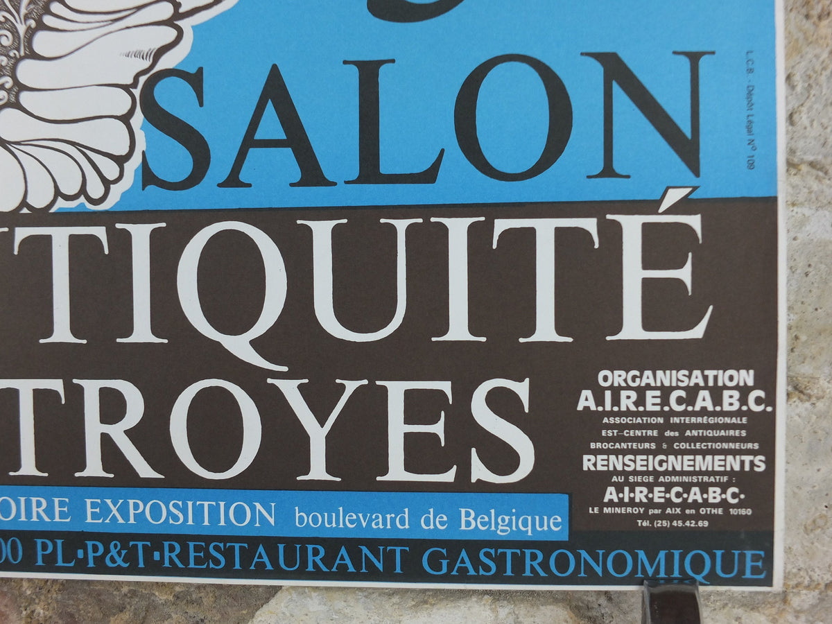 1976 French Antique Market Poster, Brocante and Braderie in Troyes in bold sky blue, wall art decor