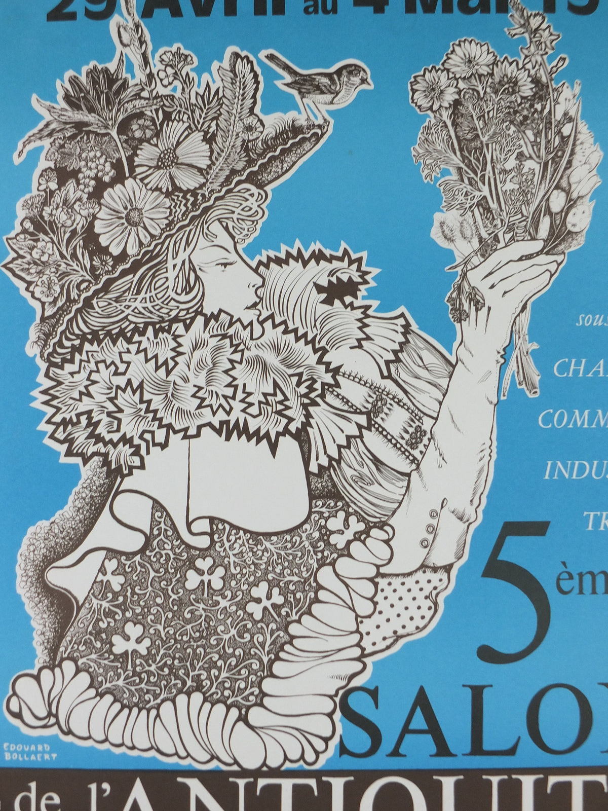 1976 French Antique Market Poster, Brocante and Braderie in Troyes in bold sky blue, wall art decor