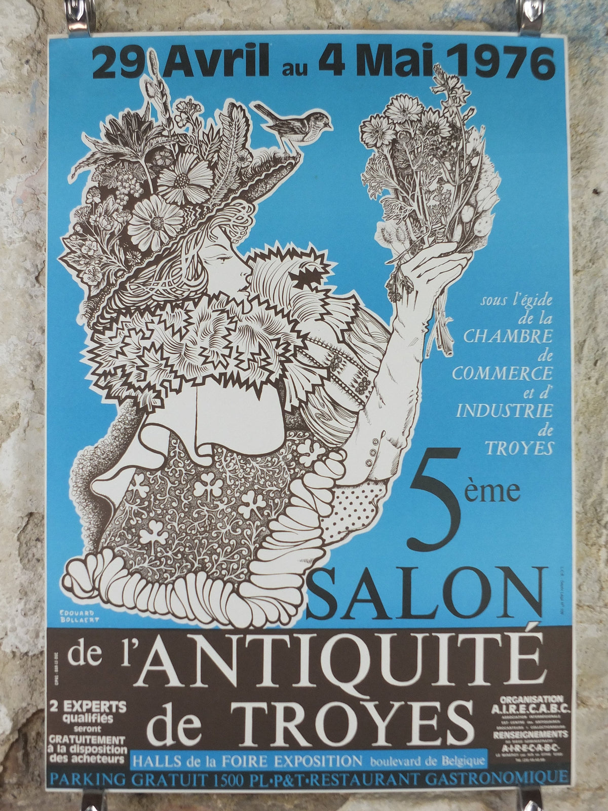 1976 French Antique Market Poster, Brocante and Braderie in Troyes in bold sky blue, wall art decor