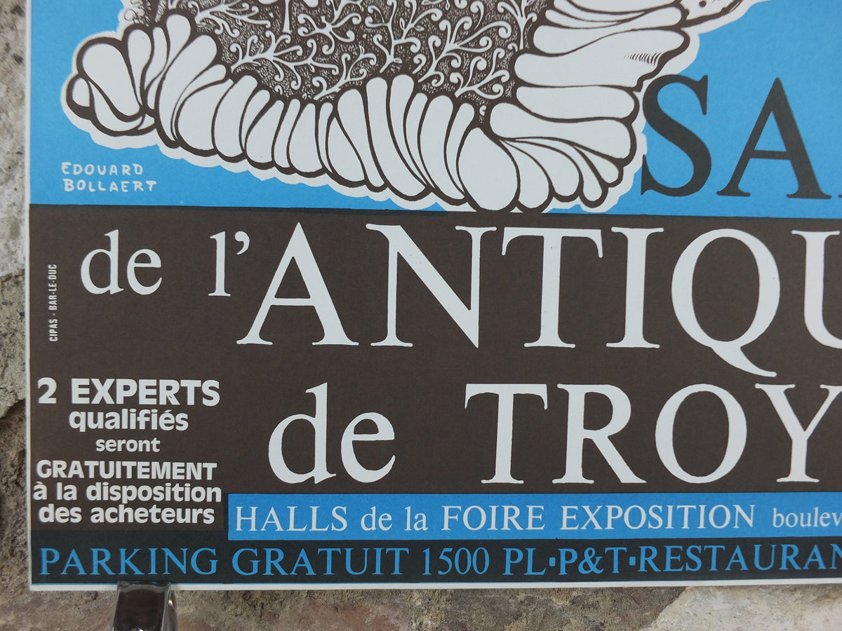 1976 French Antique Market Poster, Brocante and Braderie in Troyes in bold sky blue, wall art decor