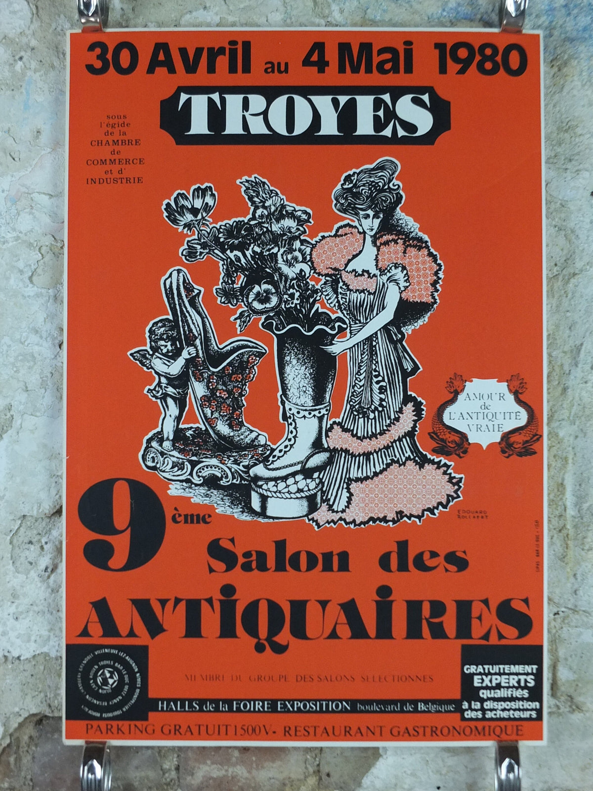 1980 French Antique Market Poster, Brocante and Braderie in Troyes in bold burnt orange, wall art decor