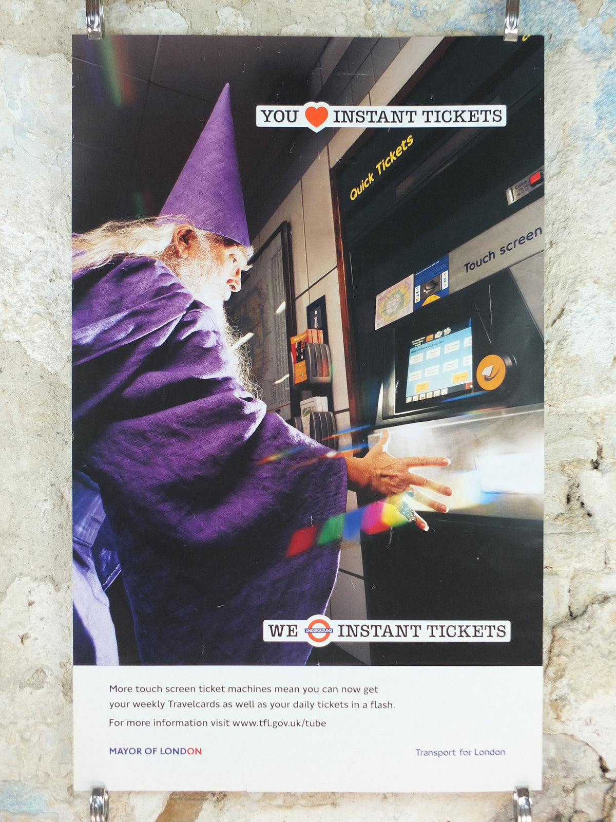 2003 Tube London Underground Poster, Wizard with an Oyster card, authentic London history, travel history, wall art decora