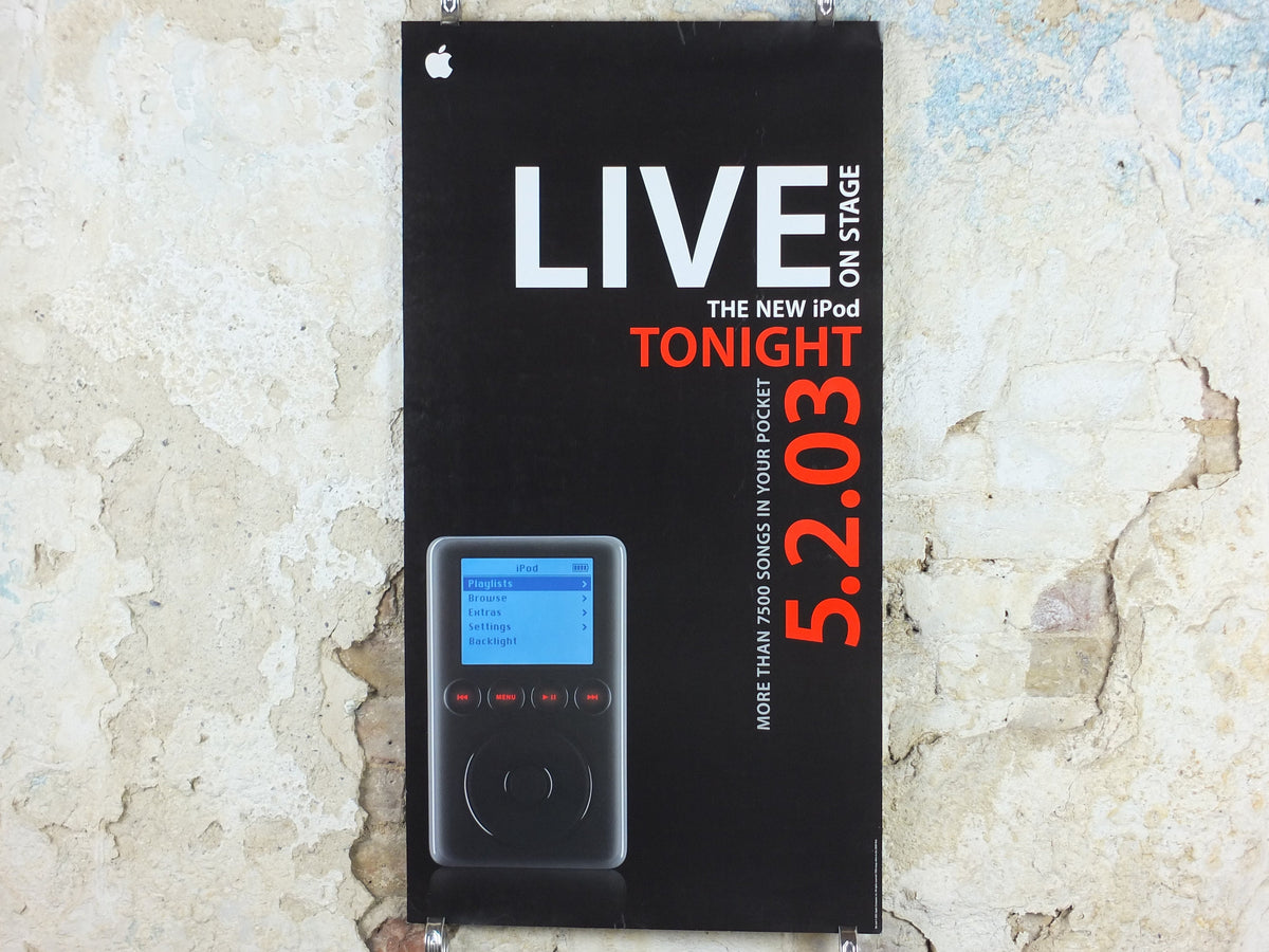 2003 Apple iPod Launch Poster, Think Different, Original from launch event on 5.2.03, 7500 songs in your pocket, retro wall art decor
