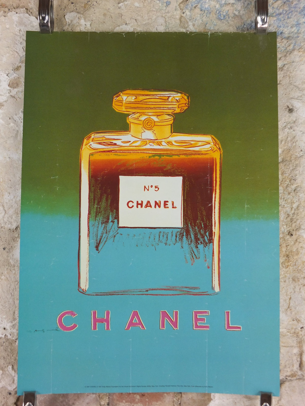 1997 No 5 Chanel Poster, by Andy Warhol, perfume bottle, cosmetics, from Selfridges advertising, bold green and blue, pop art wall art decor