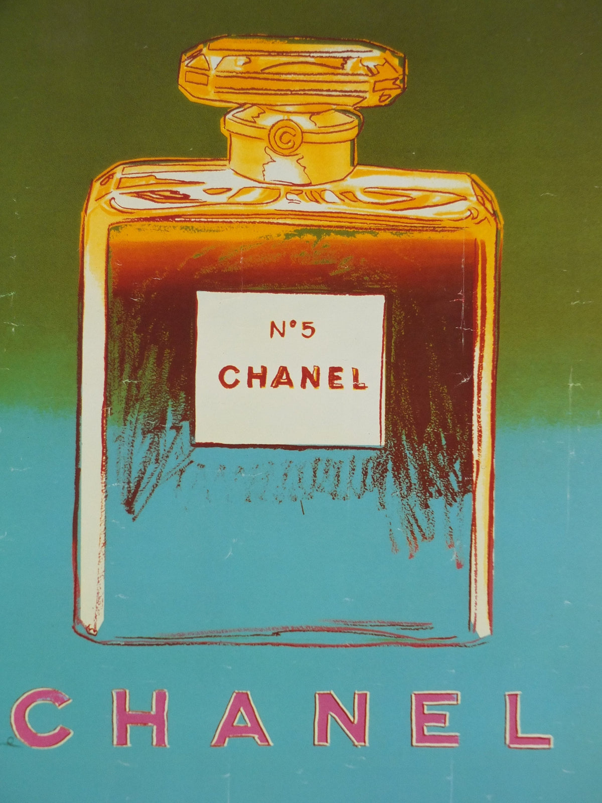 1997 No 5 Chanel Poster, by Andy Warhol, perfume bottle, cosmetics, from Selfridges advertising, bold green and blue, pop art wall art decor