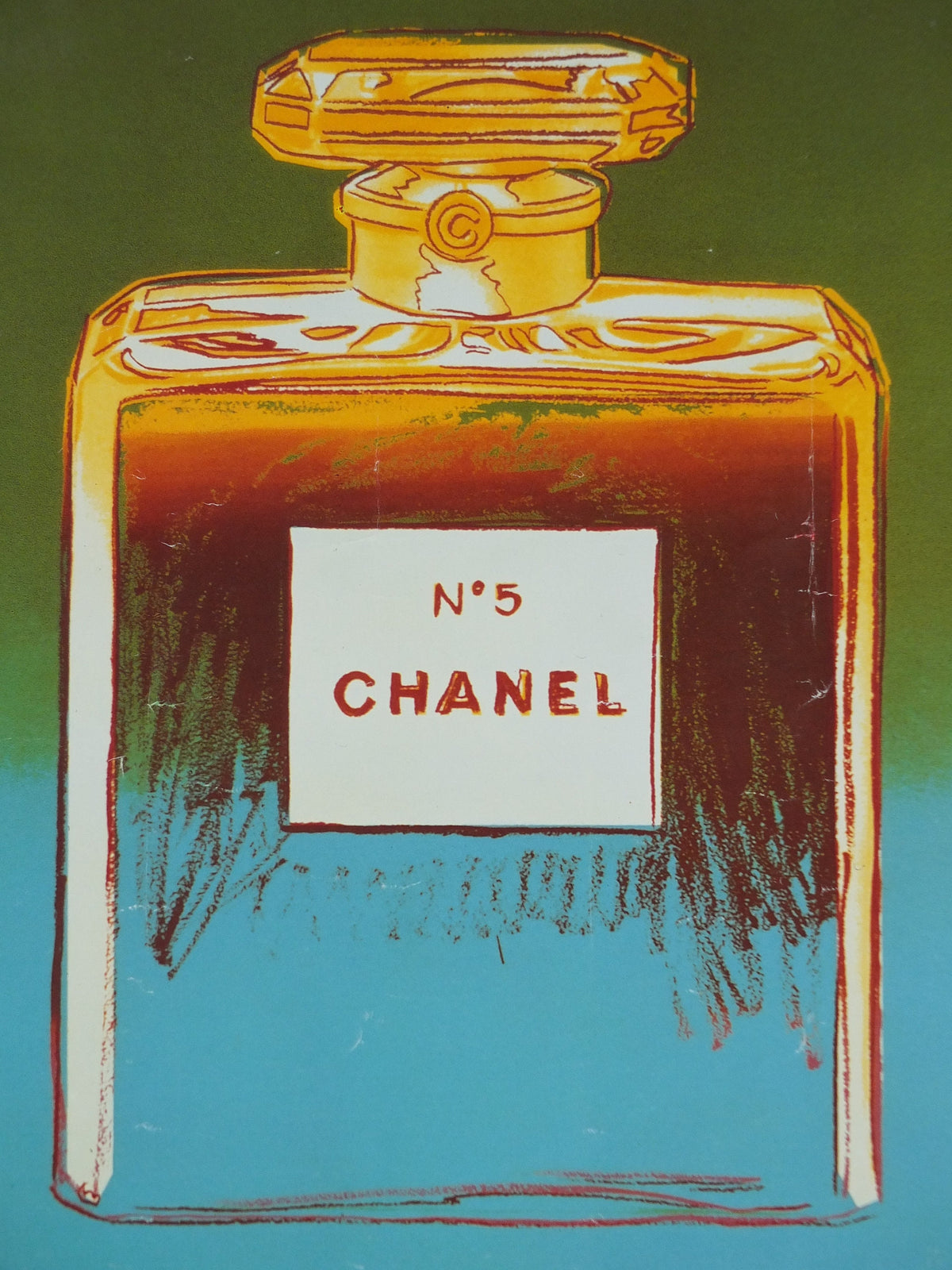 1997 No 5 Chanel Poster, by Andy Warhol, perfume bottle, cosmetics, from Selfridges advertising, bold green and blue, pop art wall art decor