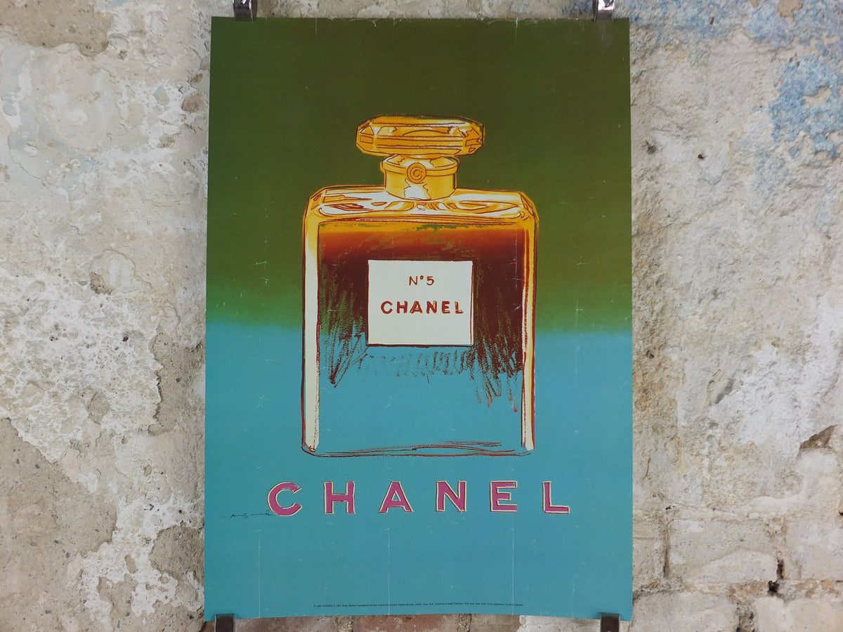 1997 No 5 Chanel Poster, by Andy Warhol, perfume bottle, cosmetics, from Selfridges advertising, bold green and blue, pop art wall art decor