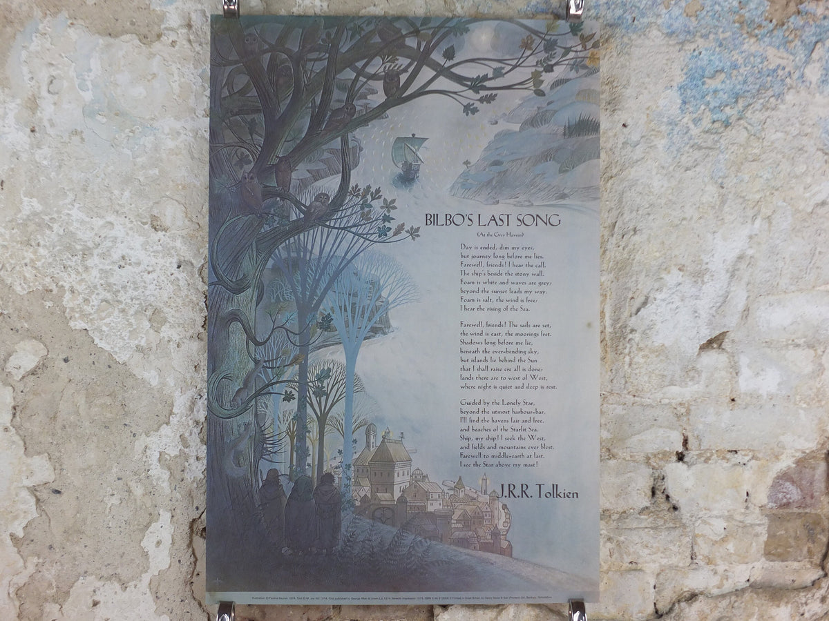 1979 Pauline Baynes Bilbo's Last Song Poster, J.R.R. Tolkien, Lord of the Rings, The Hobbit, Gray Havens, fantasy wall art decor