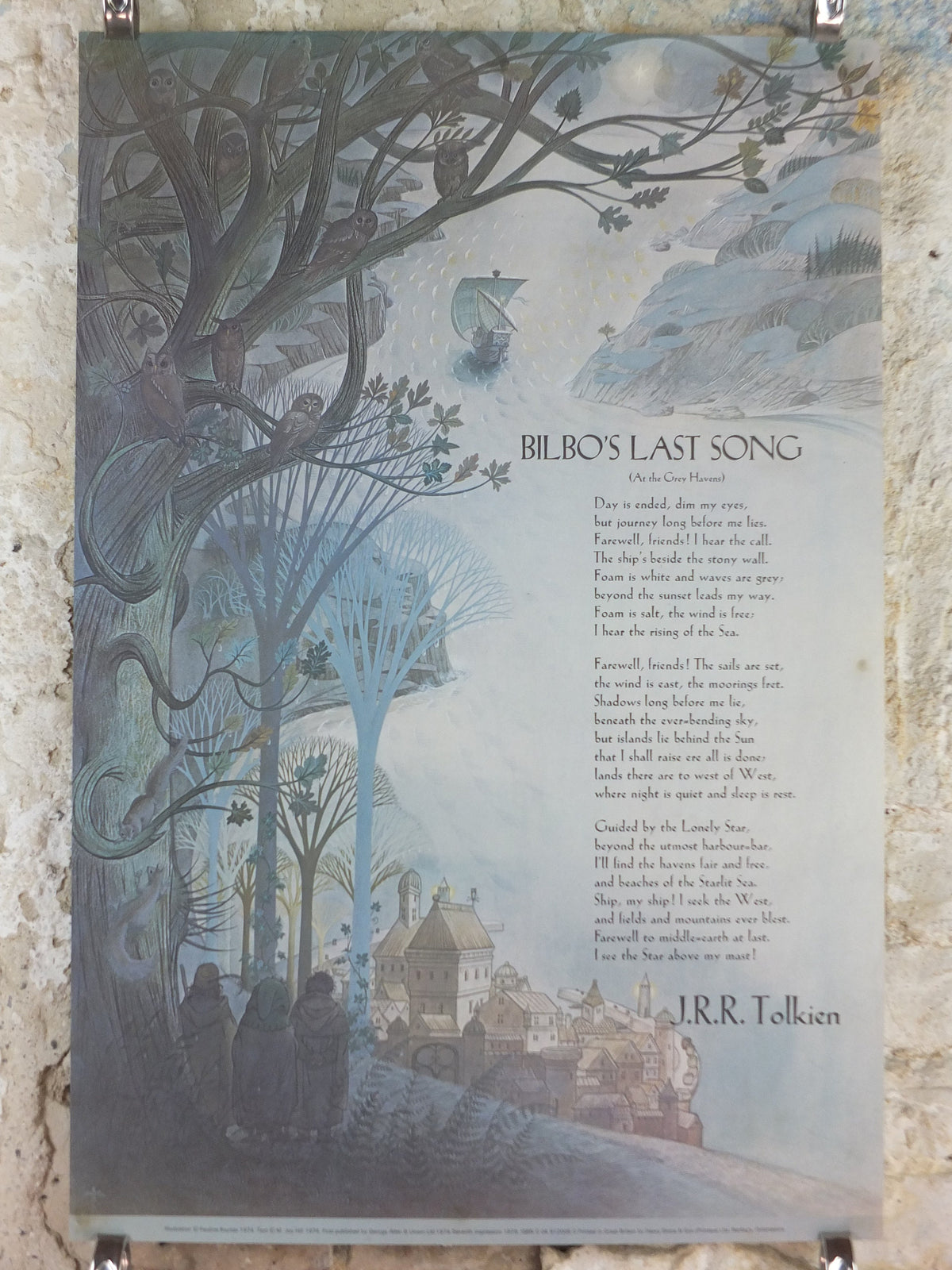 1979 Pauline Baynes Bilbo's Last Song Poster, J.R.R. Tolkien, Lord of the Rings, The Hobbit, Gray Havens, fantasy wall art decor